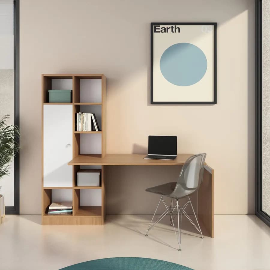Scrivania 170x60 cm in legno rovere e bianco con libreria integrata h170 cm - Opti