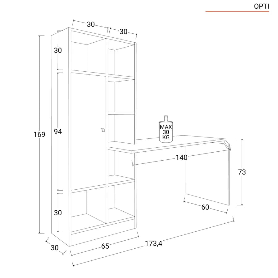 Scrivania 170x60 cm in legno rovere e bianco con libreria integrata h170 cm - Opti
