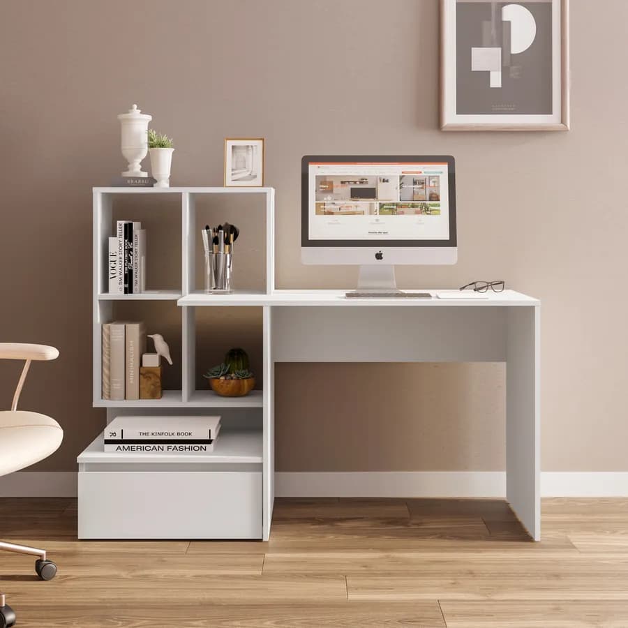 Scrivania 145x52 cm legno bianco con libreria e cassettone - Pretty