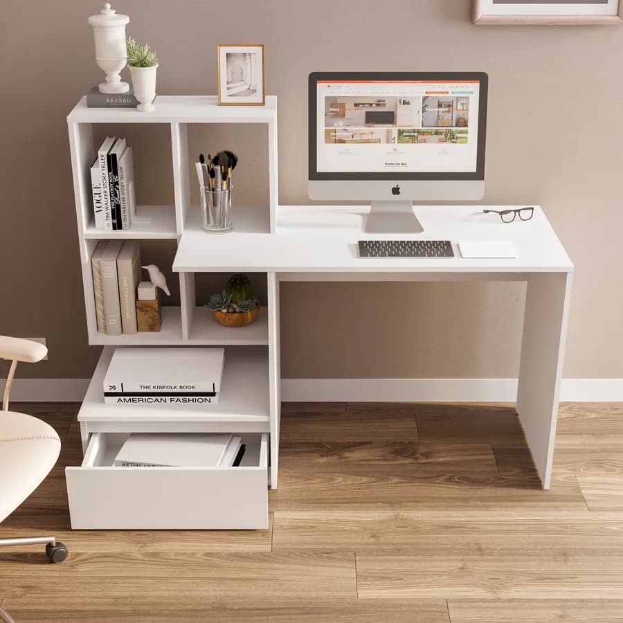 Scrivania 145x52 cm legno bianco con libreria e cassettone - Pretty