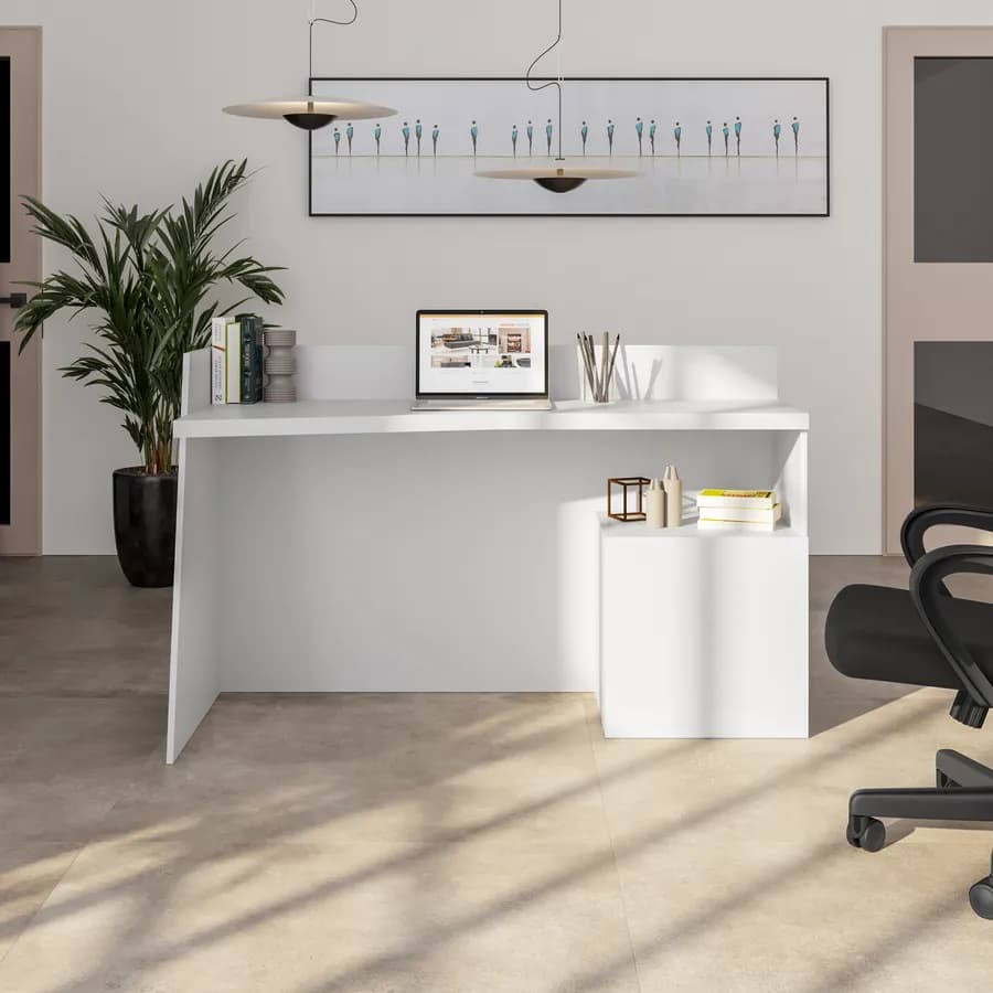Scrivania reception 145x40 cm in legno bianco con piano asimmetrico e cassettiera integrata - Kelvis