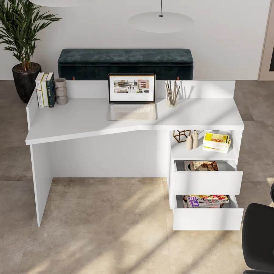 Scrivania reception 145x40 cm in legno bianco con piano asimmetrico e cassettiera integrata - Kelvis
