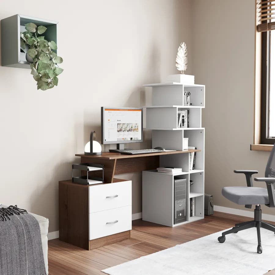 Scrivania 150x50 cm noce scuro con cassettiera e libreria bianco - Berpa