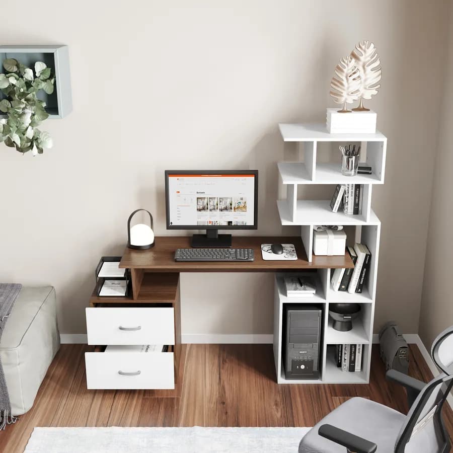 Scrivania 150x50 cm noce scuro con cassettiera e libreria bianco - Berpa