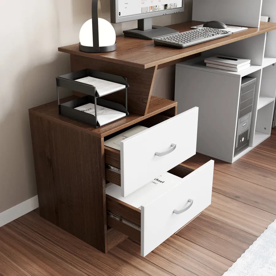 Scrivania 150x50 cm noce scuro con cassettiera e libreria bianco - Berpa