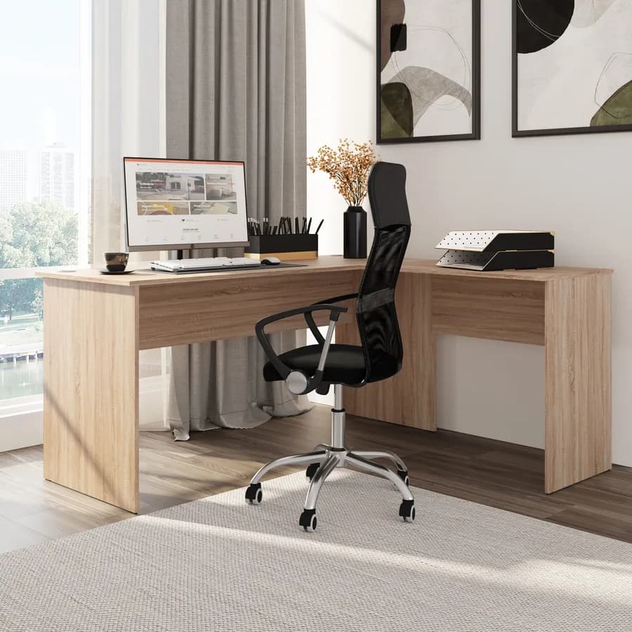 Scrivania angolare 160x145 cm in legno rovere sonoma con passacavi - Janer