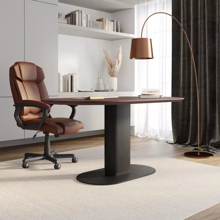 Scrivania ovale 180x90 cm top in legno con gamba centrale e base in metallo nero - Raynold