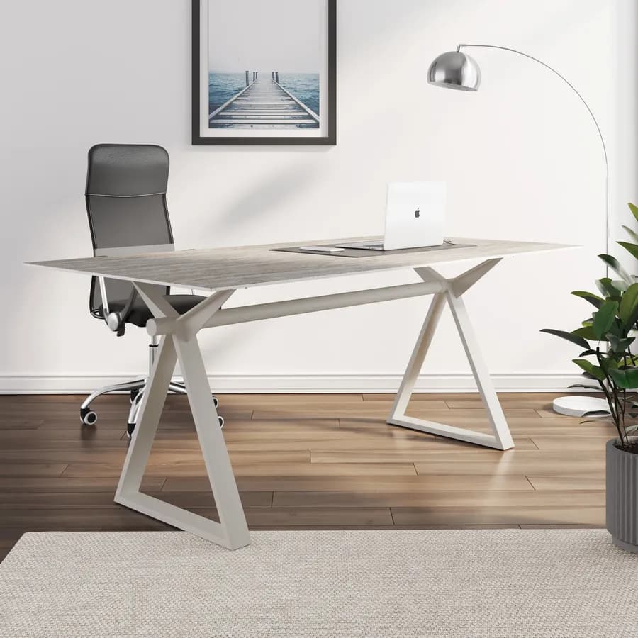 Scrivania 180x90 cm piano ceramica 12 mm effetto travertino e base in acciaio crema - Masao XL