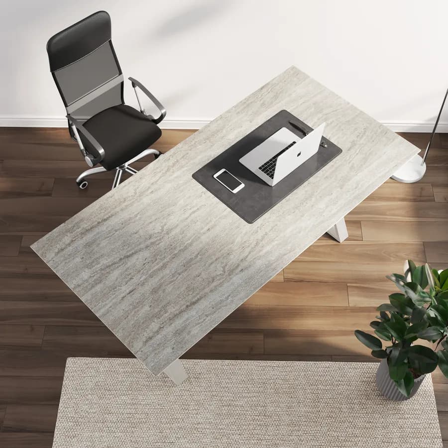 Scrivania 180x90 cm piano ceramica 12 mm effetto travertino e base in acciaio crema - Masao XL