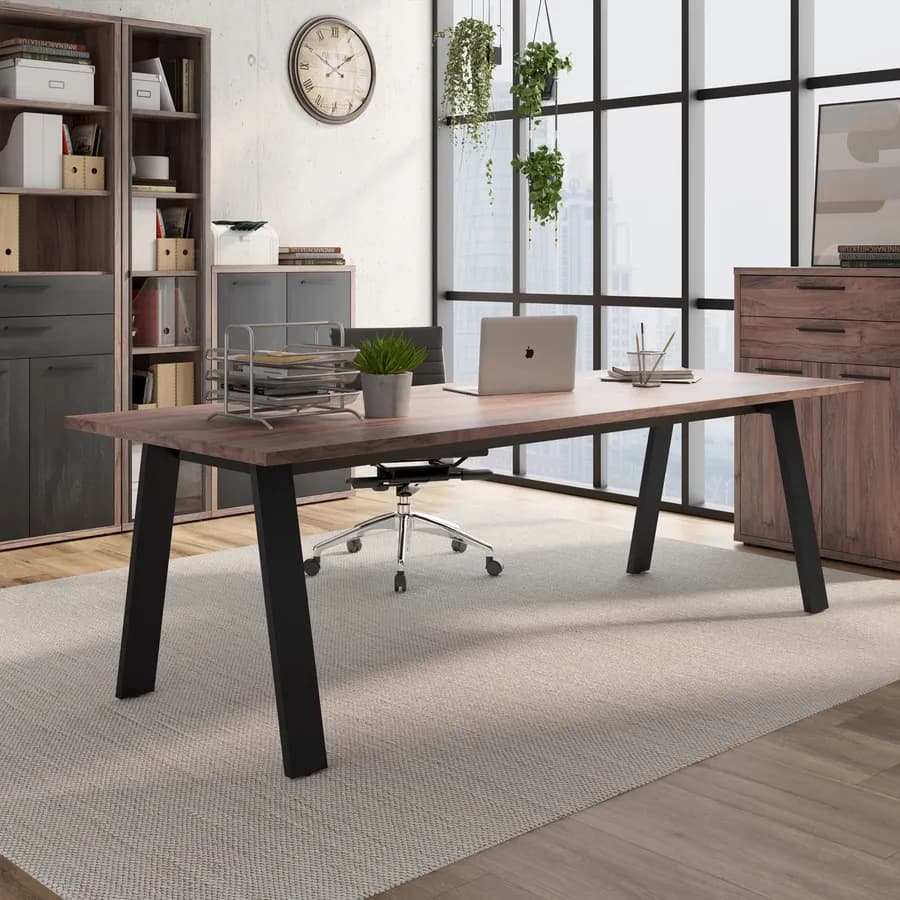 Scrivania 240x90 cm con top in legno noce e gambe in metallo nero - Historic brown