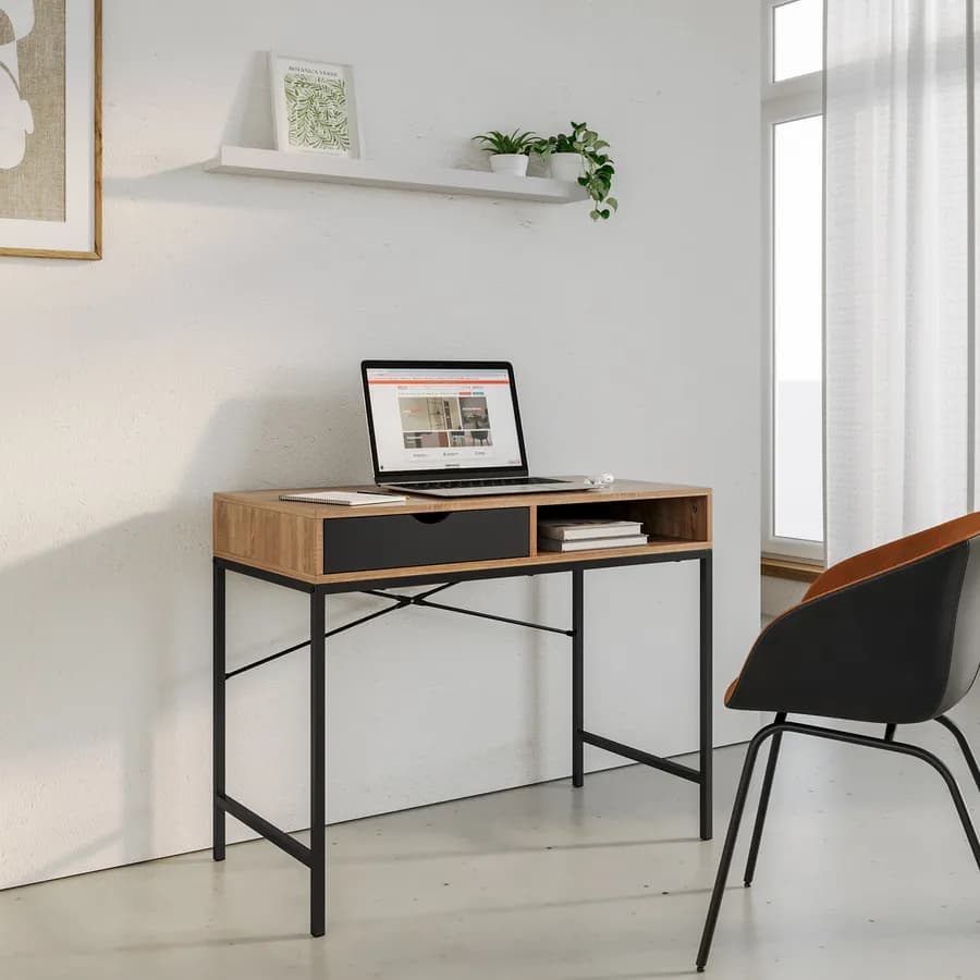 Scrivania 95x48 cm effetto rovere selvatico e acciaio nero con 1 cassetto - Tasfen