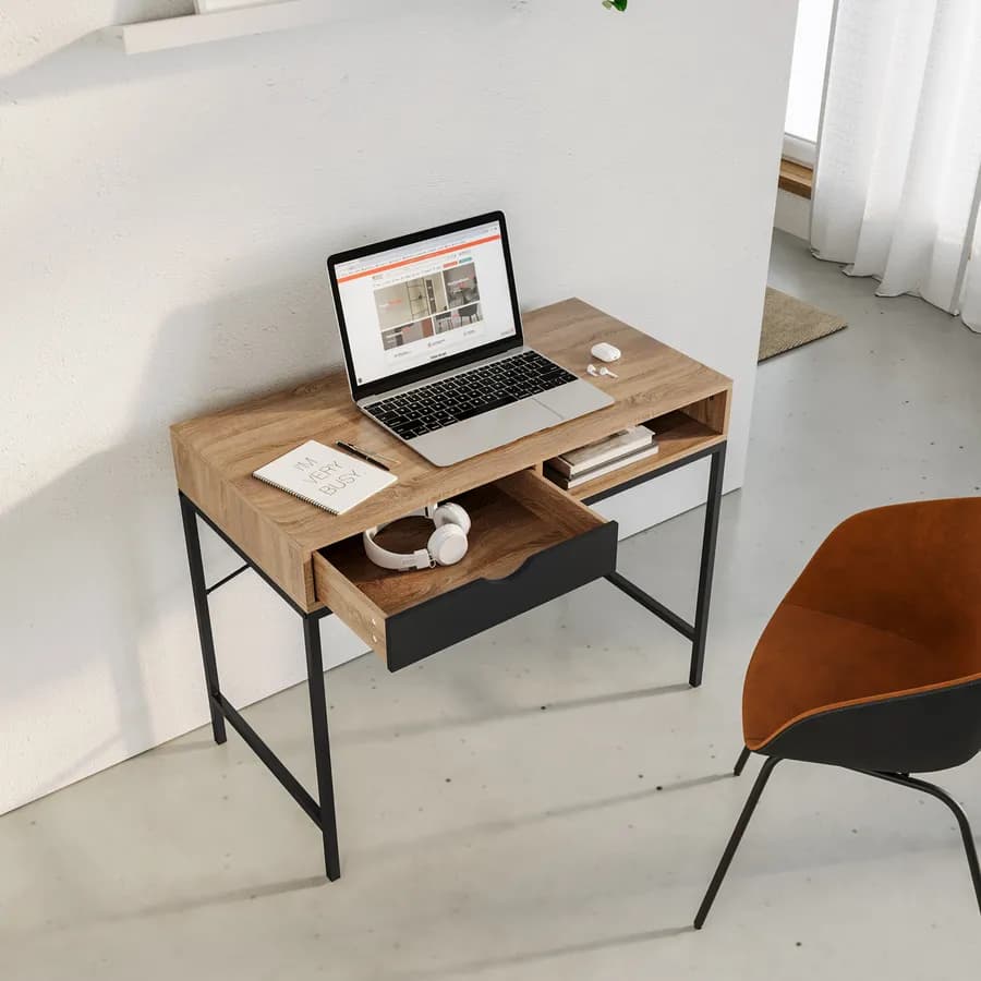 Scrivania 95x48 cm effetto rovere selvatico e acciaio nero con 1 cassetto - Tasfen