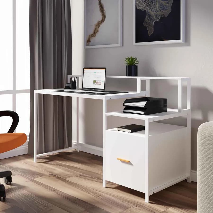 Scrivania 150x60 cm in legno e acciaio bianco con mensole e vano con cassetto integrato - Murphy