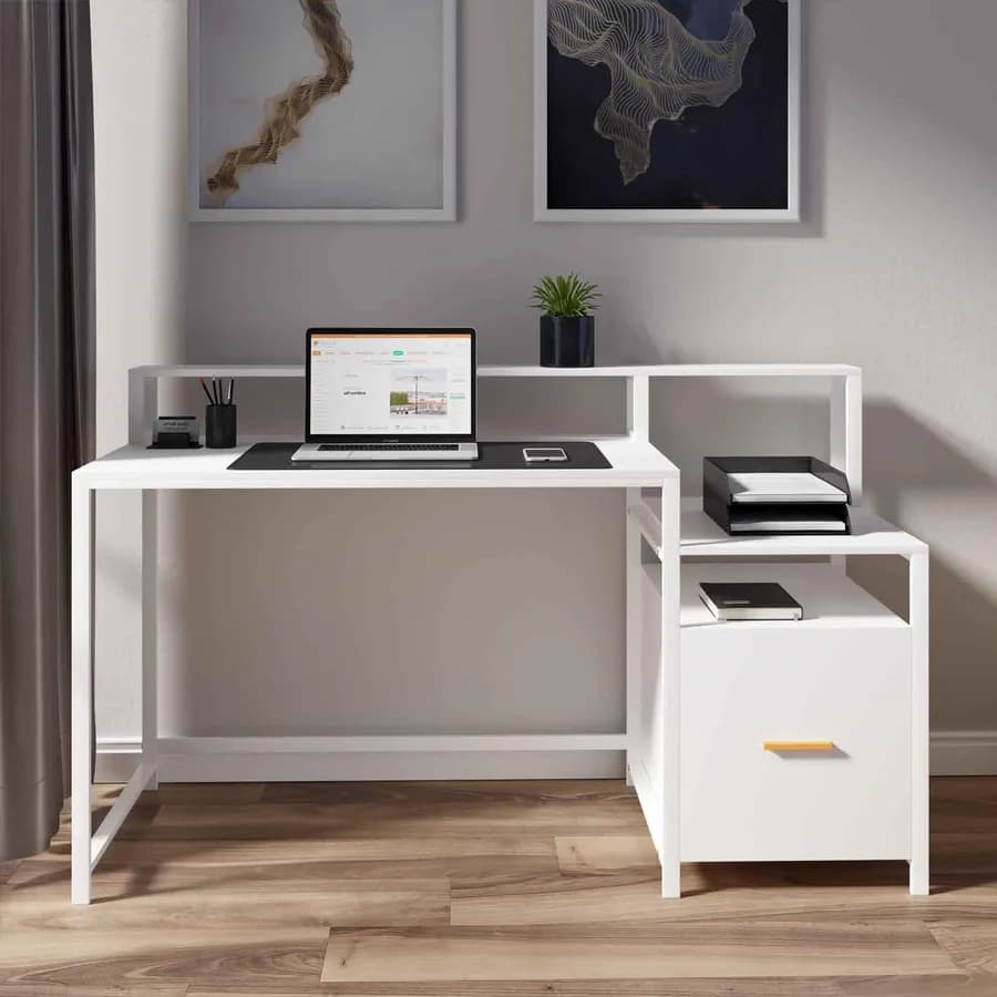 Scrivania 150x60 cm in legno e acciaio bianco con mensole e vano con cassetto integrato - Murphy