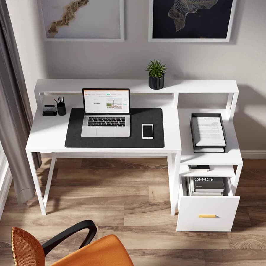 Scrivania 150x60 cm in legno e acciaio bianco con mensole e vano con cassetto integrato - Murphy