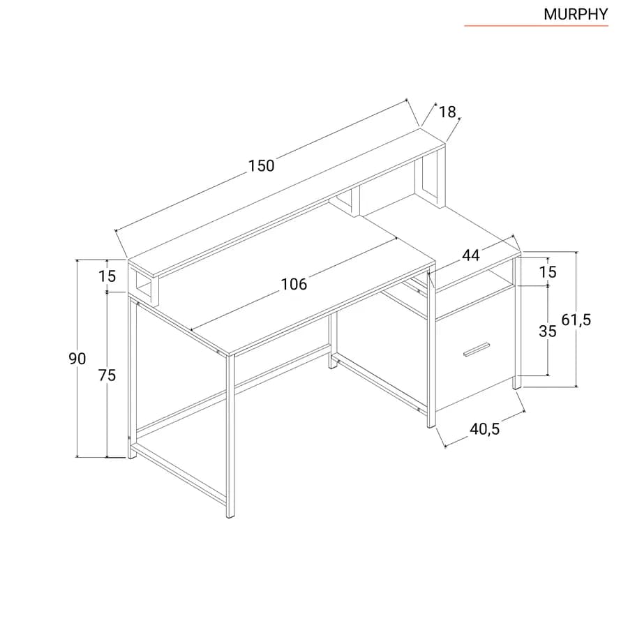Scrivania 150x60 cm in legno e acciaio bianco con mensole e vano con cassetto integrato - Murphy