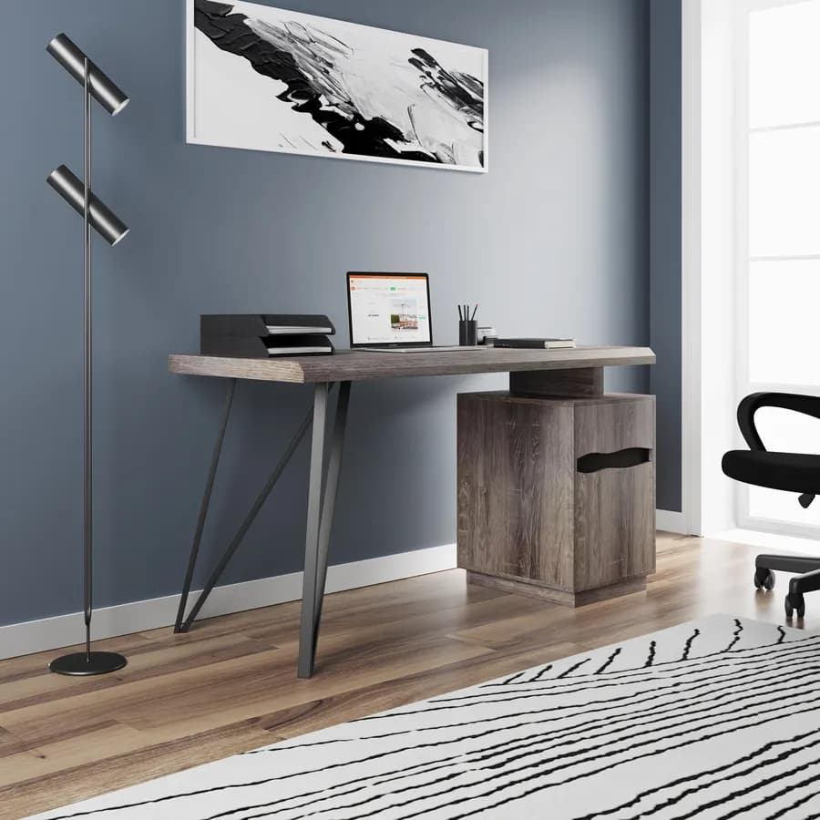 Scrivania 140x60 cm in legno scuro e gambe in acciaio nero con cassettiera integrata - Gomer
