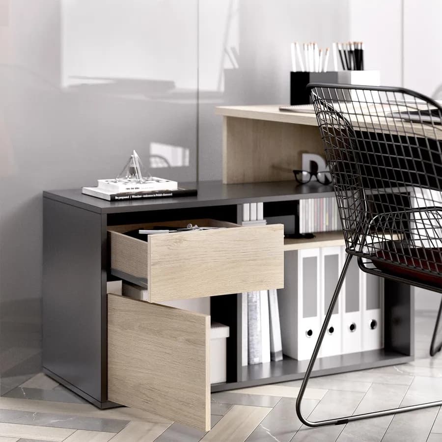 Scrivania reversibile 139x92 cm con mobile contenitore in legno naturale e grafite - Marnie