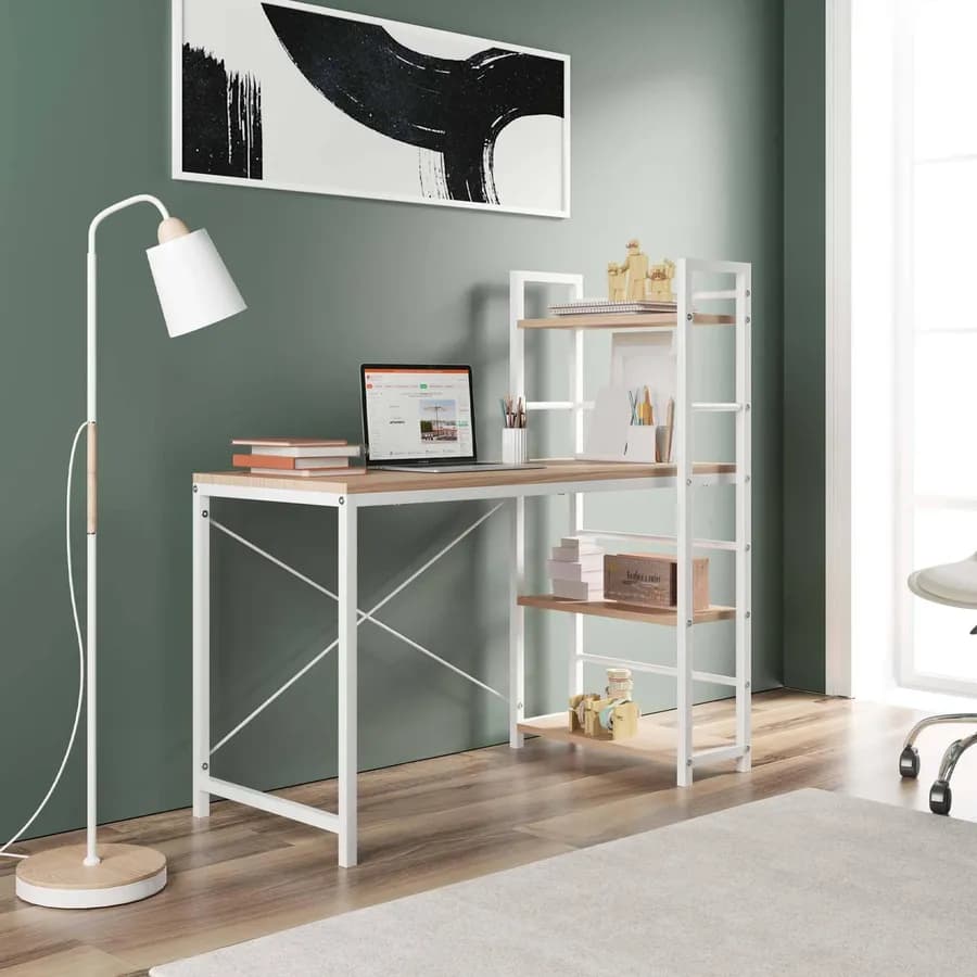 Scrivania 120x50 cm in legno rovere chiaro e acciaio bianco con libreria integrata h120 cm - Olaf
