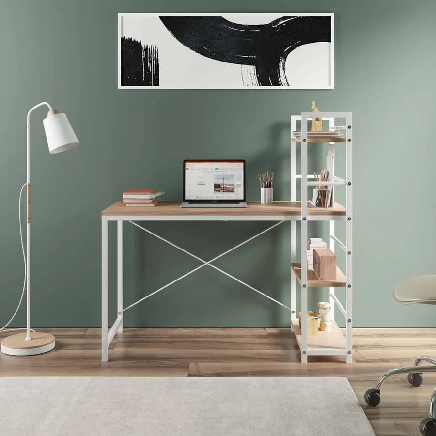 Scrivania 120x50 cm in legno rovere chiaro e acciaio bianco con libreria integrata h120 cm - Olaf
