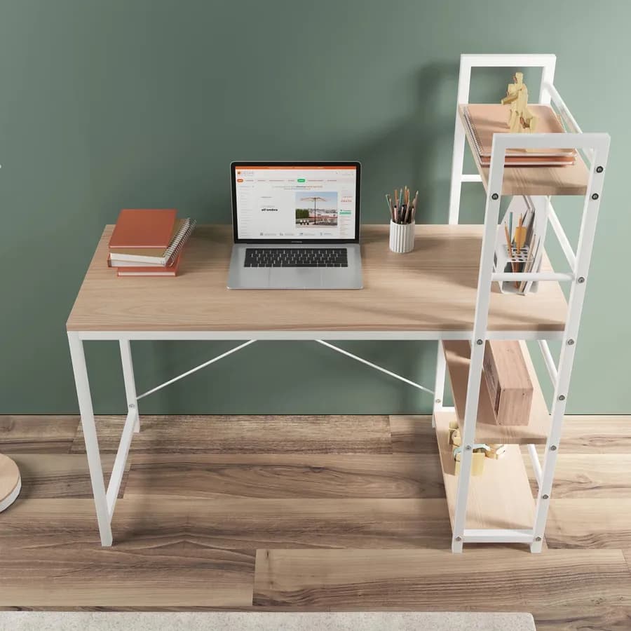 Scrivania 120x50 cm in legno rovere chiaro e acciaio bianco con libreria integrata h120 cm - Olaf