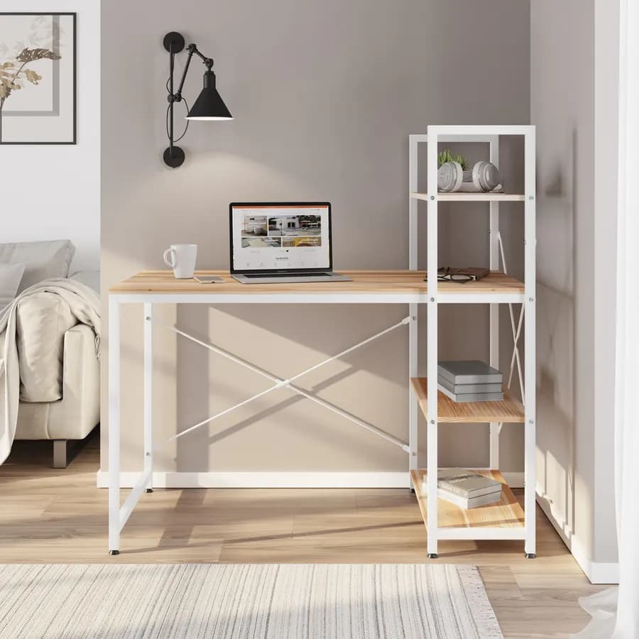 Scrivania 120x60 cm reversibile con top effetto rovere e struttura in metallo bianco con libreria integrata h120 cm - Caio