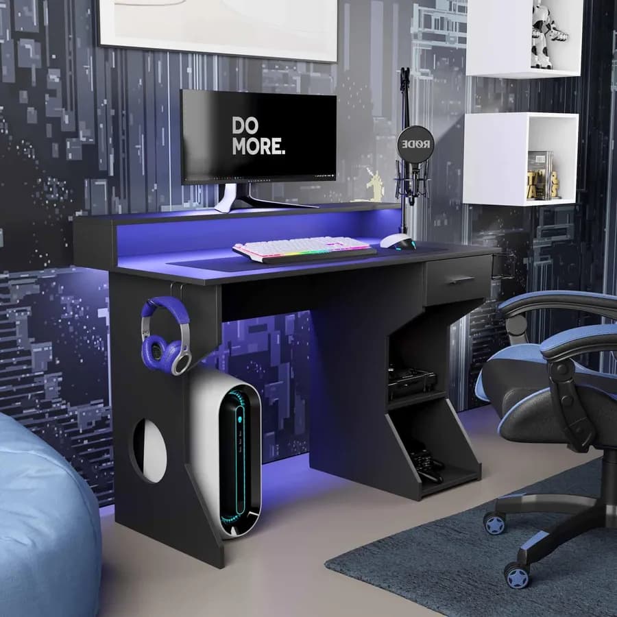 Scrivania da gaming 120x60 cm in legno nero con led blu sottomensola e supporti cuffie e borraccia - Stellare