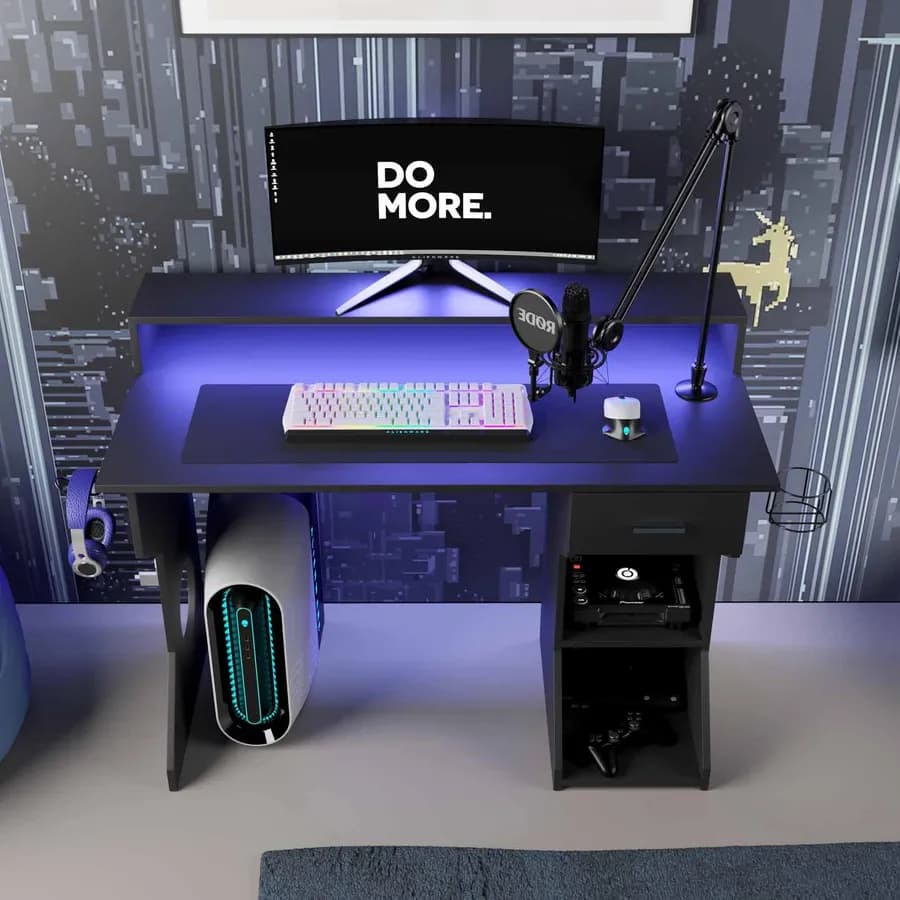 Scrivania da gaming 120x60 cm in legno nero con led blu sottomensola e supporti cuffie e borraccia - Stellare