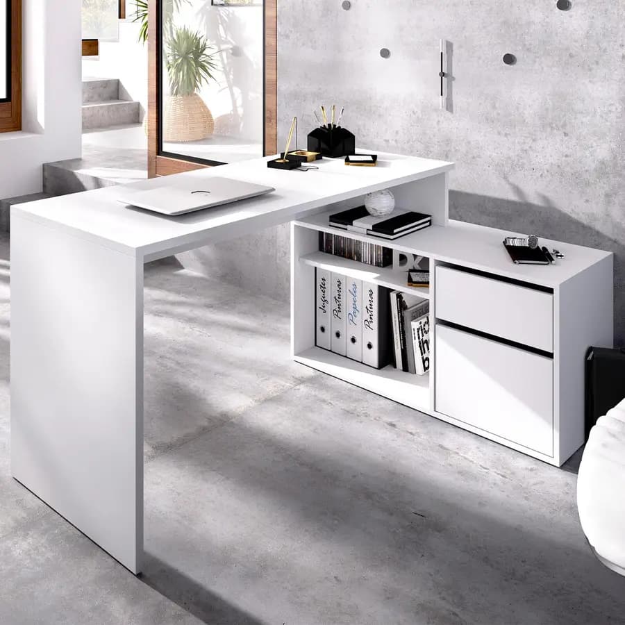 Scrivania reversibile 139x92 cm con mobile contenitore in legno bianco - Marnie