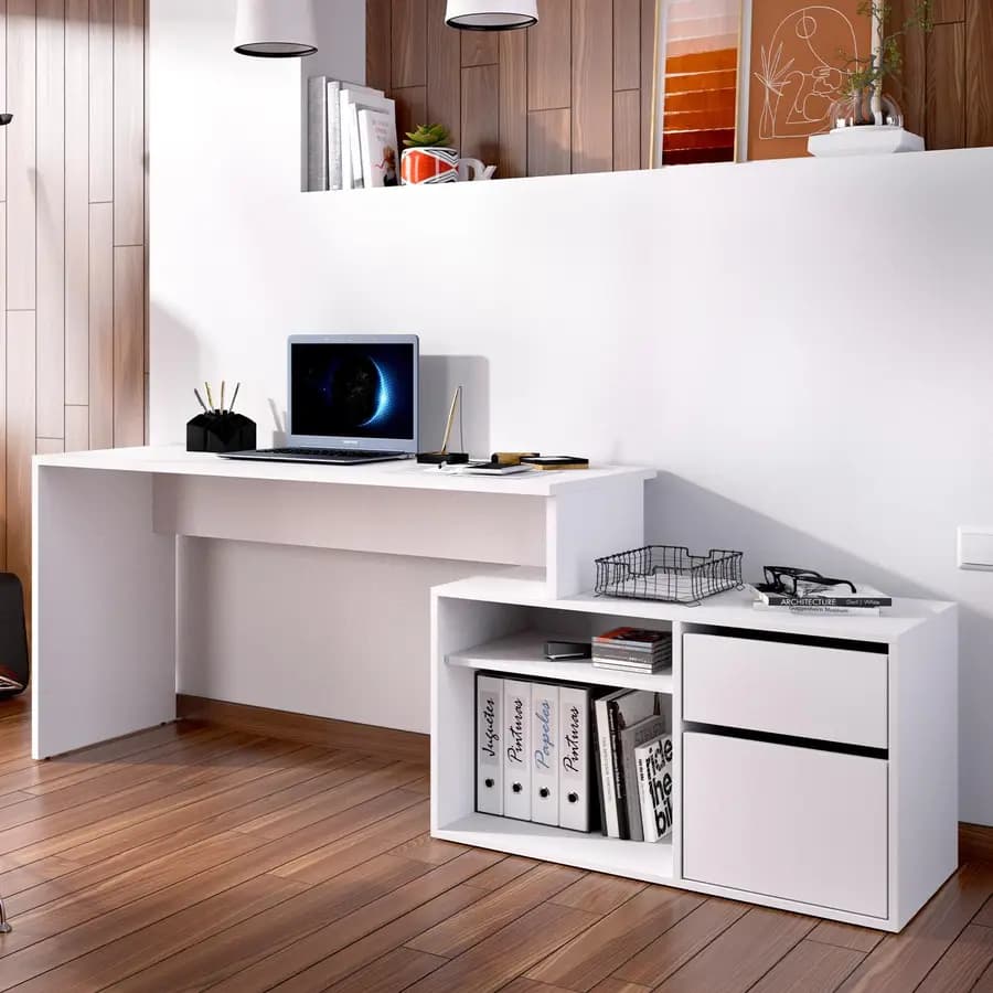 Scrivania reversibile 139x92 cm con mobile contenitore in legno bianco - Marnie