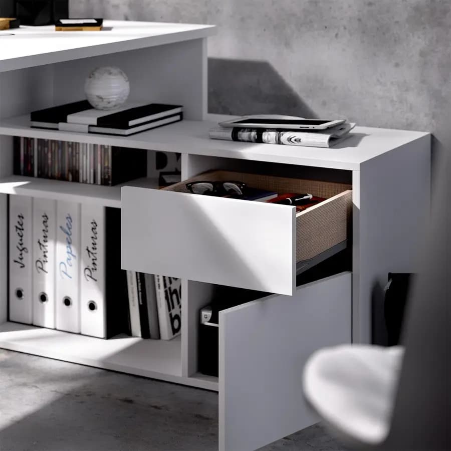 Scrivania reversibile 139x92 cm con mobile contenitore in legno bianco - Marnie