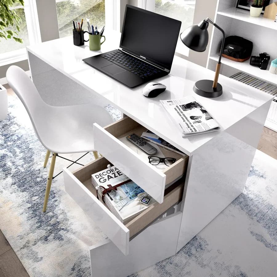 Scrivania 140x60 cm in legno bianco laccato opaco con anta e cassetti reversibili - Mila