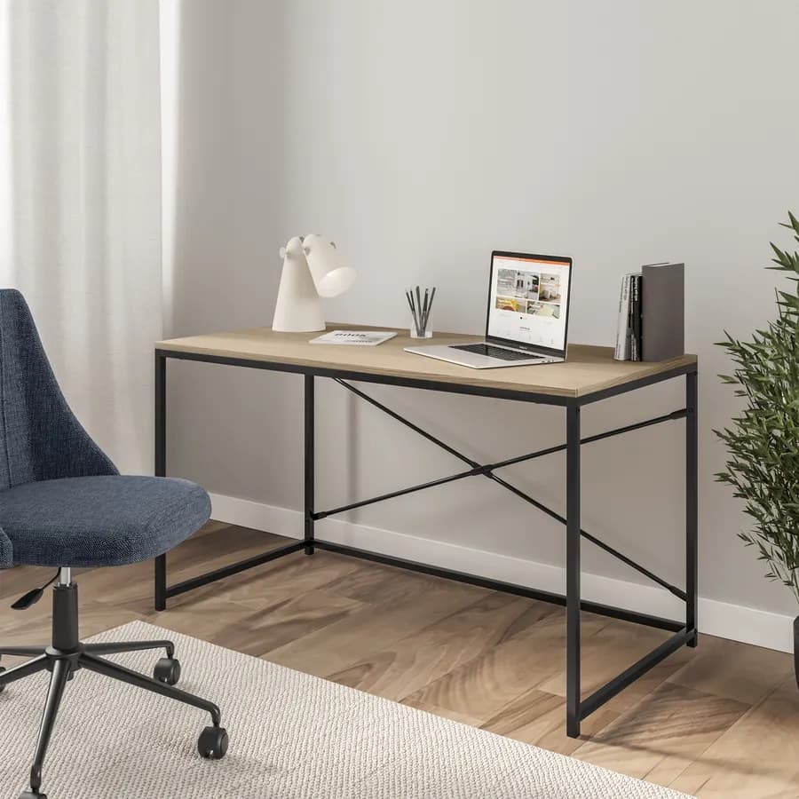 Scrivania 120x60 cm con top in legno rovere chiaro e struttura in acciaio nero - Duke