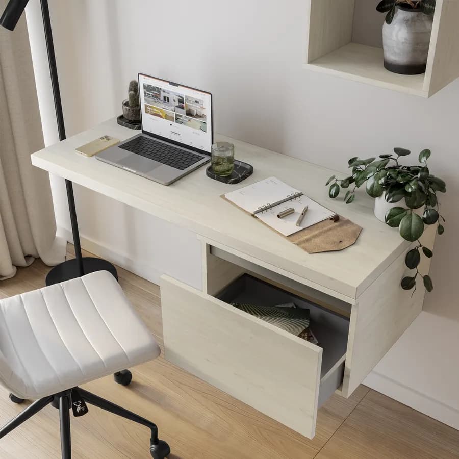 Scrivania sospesa 100-140x50 cm top 38 mm rovere bianco e cassetto - Nasus