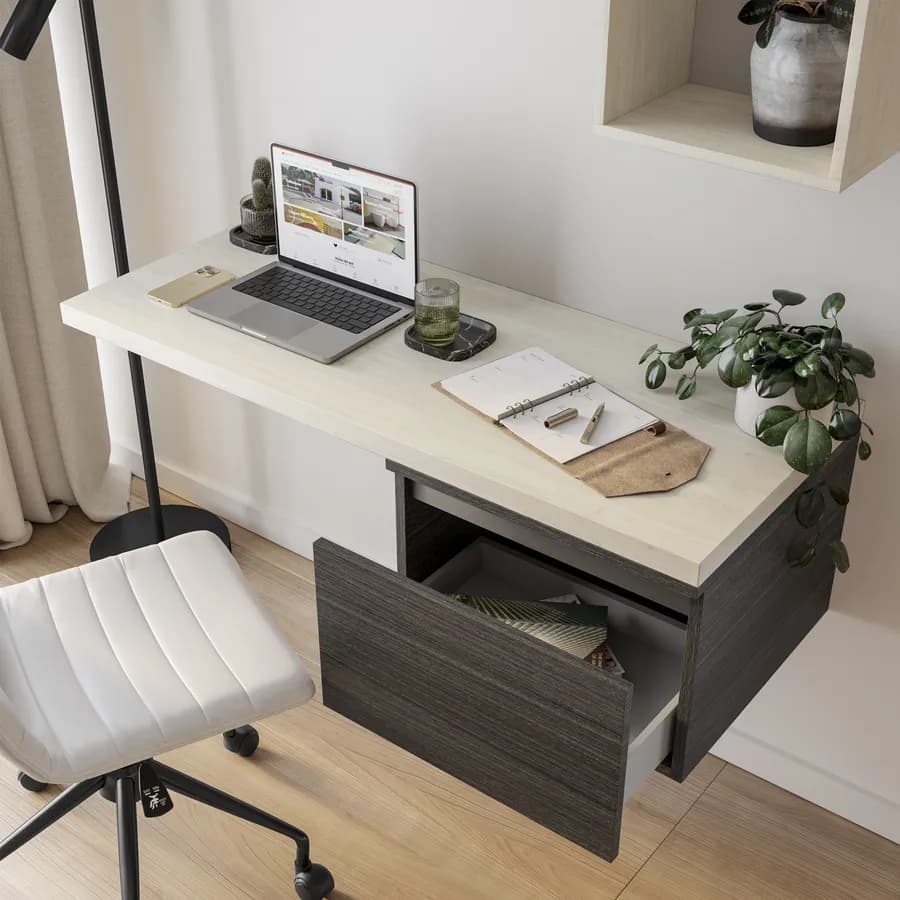 Scrivania sospesa 120-160x50 cm top 38 mm rovere bianco e cassetto rovere grigio - Nasus