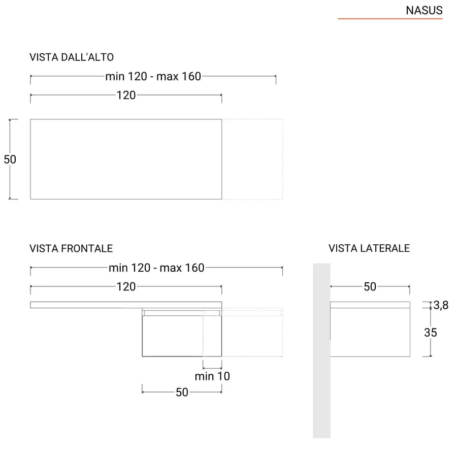 Scrivania sospesa 120-160x50 cm top 38 mm rovere deciso con cassetto - Nasus