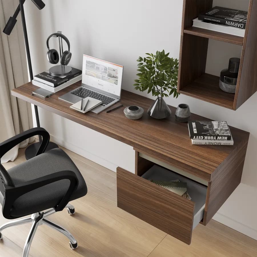 Scrivania sospesa 140-180x50 cm top 38 mm rovere deciso con cassetto - Nasus