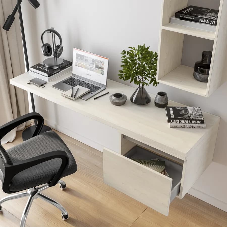 Scrivania sospesa 160-200x50 cm top 38 mm rovere bianco con cassetto - Nasus