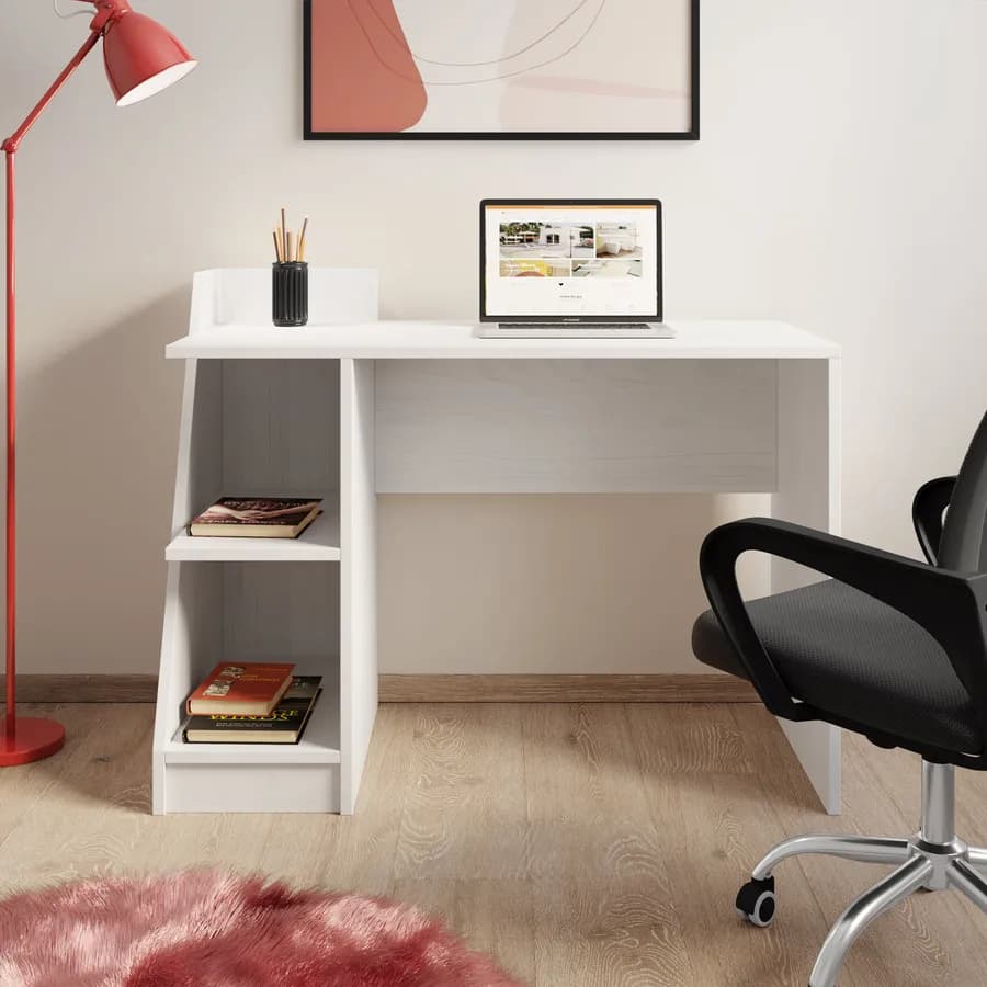 Scrivania 110x50 cm effetto legno bianco con vani contenitori - Saetta