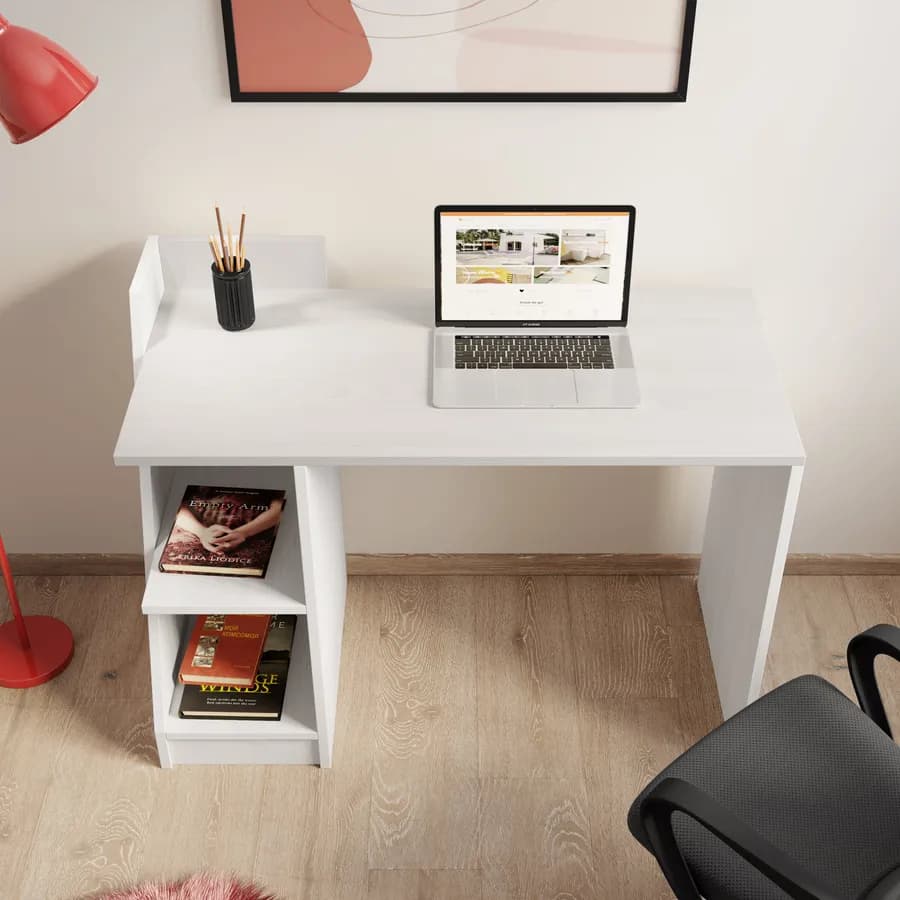 Scrivania 110x50 cm effetto legno bianco con vani contenitori - Saetta