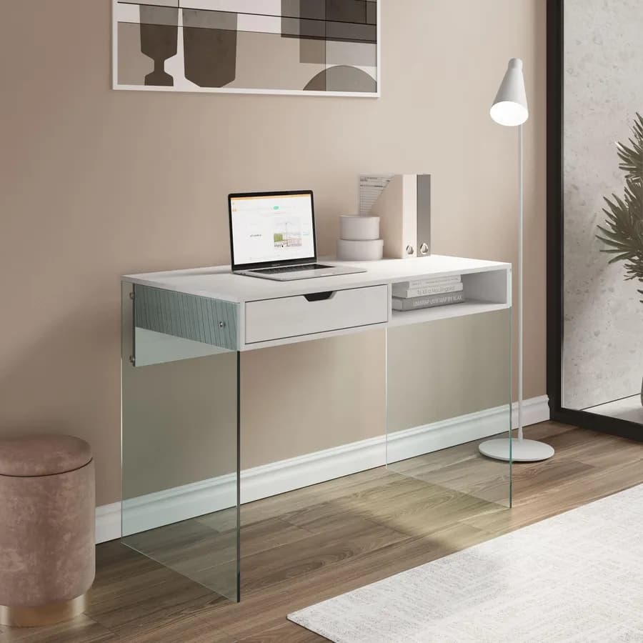 Scrivania 110x55 cm in legno bianco con cassetto e vano a giorno e gambe in vetro temperato - Metropolis