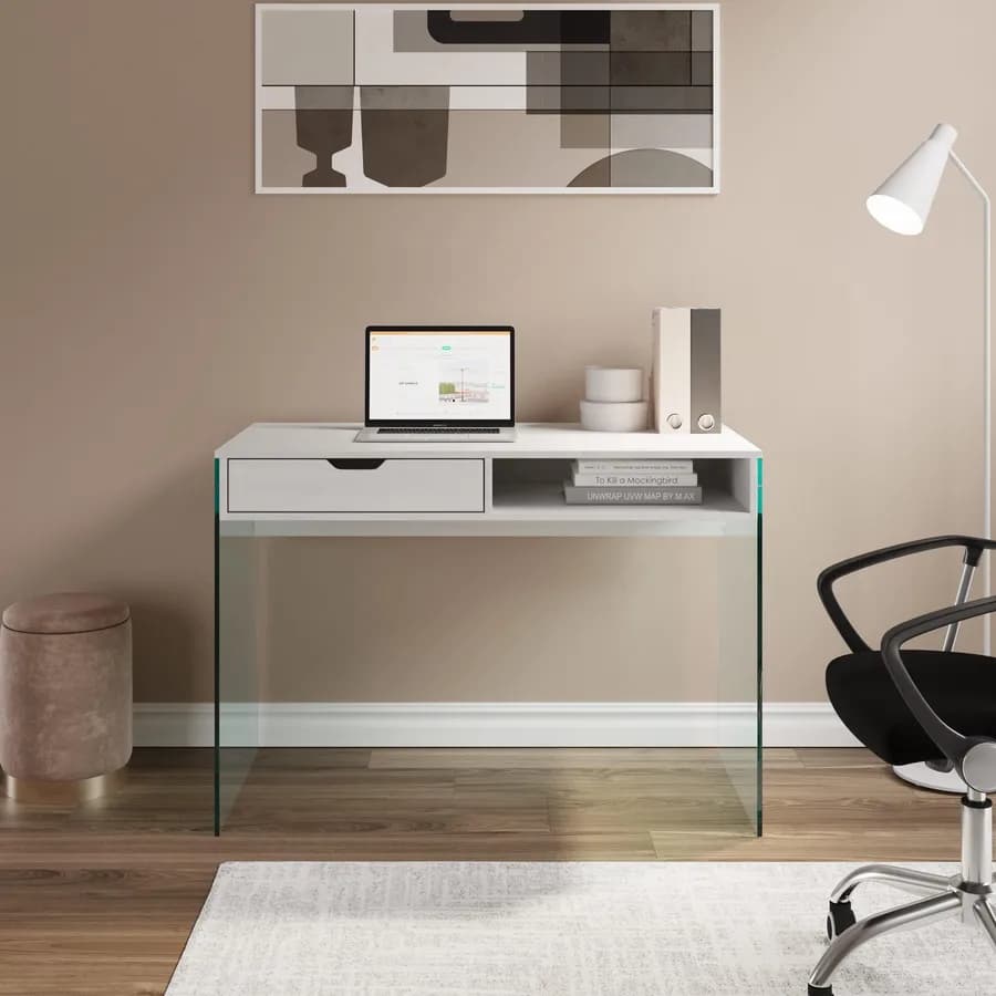 Scrivania 110x55 cm in legno bianco con cassetto e vano a giorno e gambe in vetro temperato - Metropolis