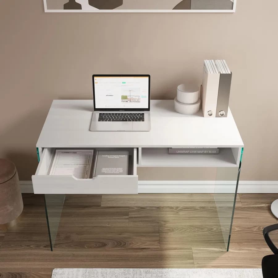Scrivania 110x55 cm in legno bianco con cassetto e vano a giorno e gambe in vetro temperato - Metropolis