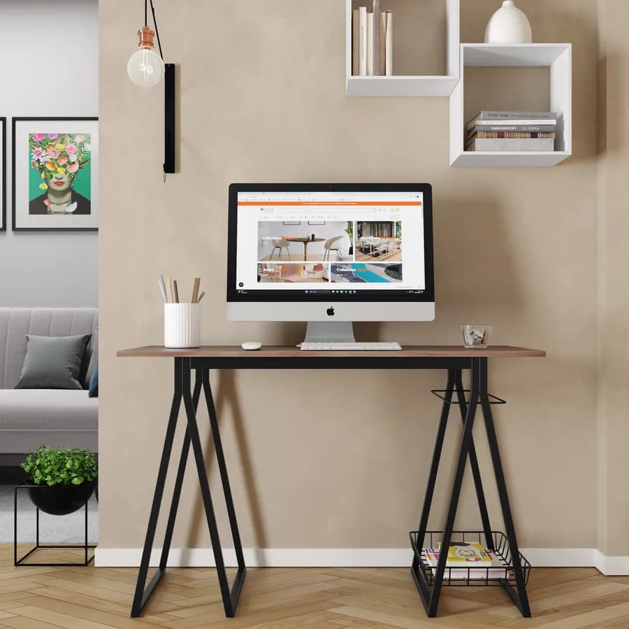 Scrivania 120x50 cm in legno rovere e struttura in metallo nero con cesto portariviste - Maaike