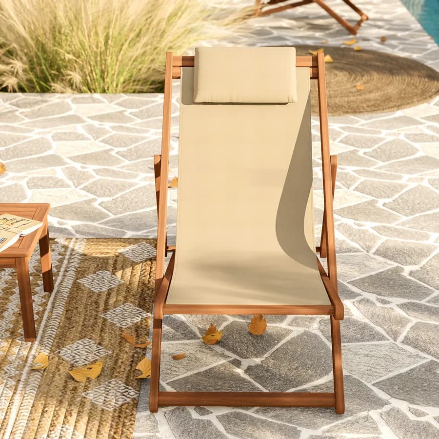 Sdraio pieghevole in legno di acacia con poggiatesta e telo in poliestere beige - Paja