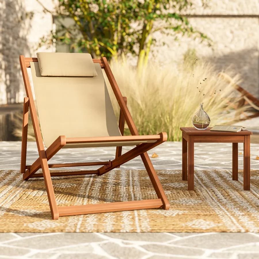 Sdraio pieghevole in legno di acacia con poggiatesta e telo in poliestere beige - Paja