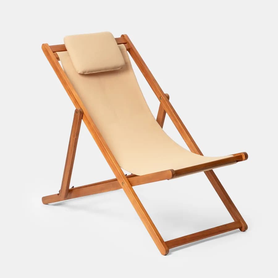 Sdraio pieghevole in legno di acacia con poggiatesta e telo in poliestere beige - Paja