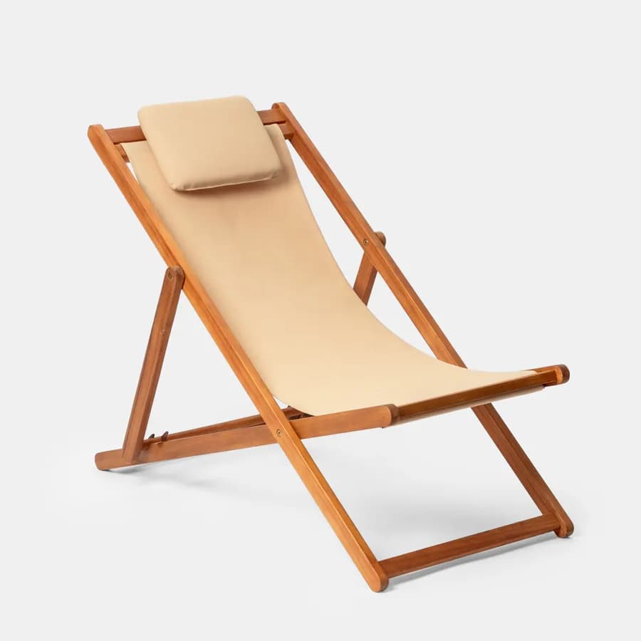 Sdraio pieghevole in legno di acacia con poggiatesta e telo in poliestere beige - Paja