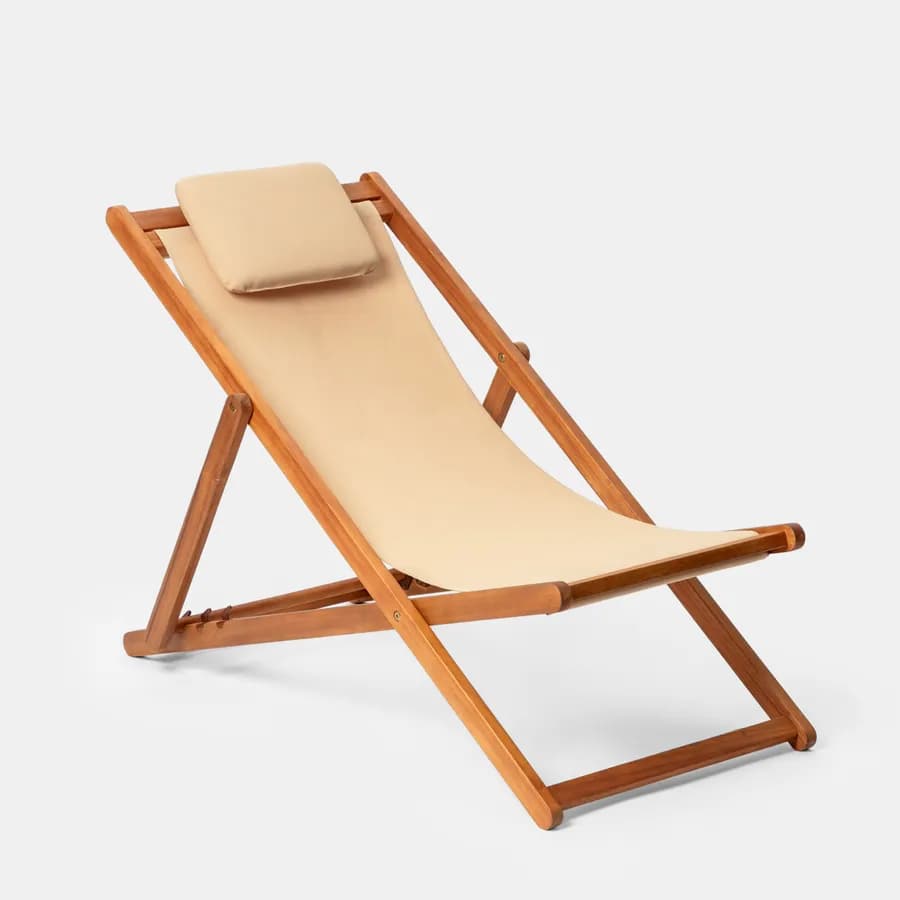 Sdraio pieghevole in legno di acacia con poggiatesta e telo in poliestere beige - Paja
