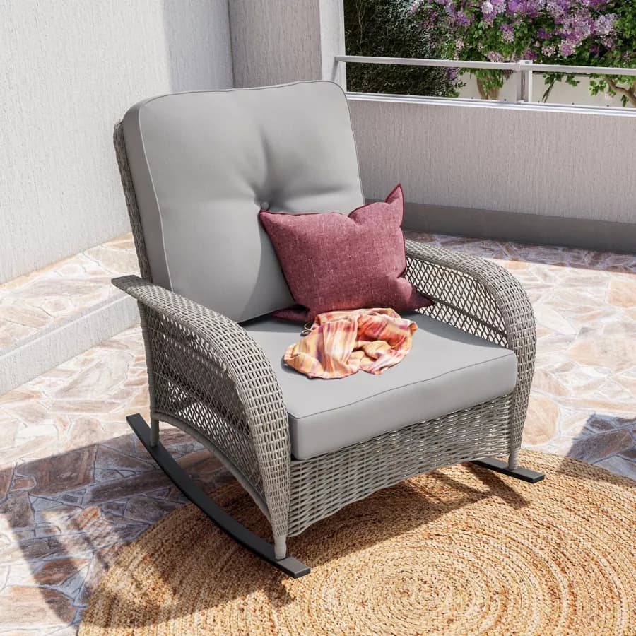 Sedia a dondolo in polyrattan grigio con cuscino grigio - Irmas
